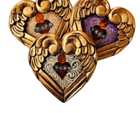 SACRED HEART with Wings, Winged Mexican Corazon. Gold Leaf