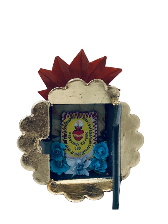 Mexican TIN NICHO, Mini SCAPULAR Sacred Heart of Jesus Ornament, Stand or Hang