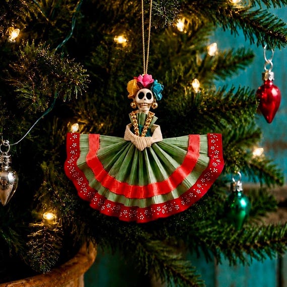 Set (4) Day of the Dead Frida CATRINA Ornaments CORN HUSK Mexican Christmas Decorations Magnets