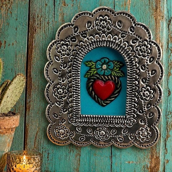 Mexican Tin NICHO with Tin Flower, Arched Shadowbox Frame, Silver with Blue