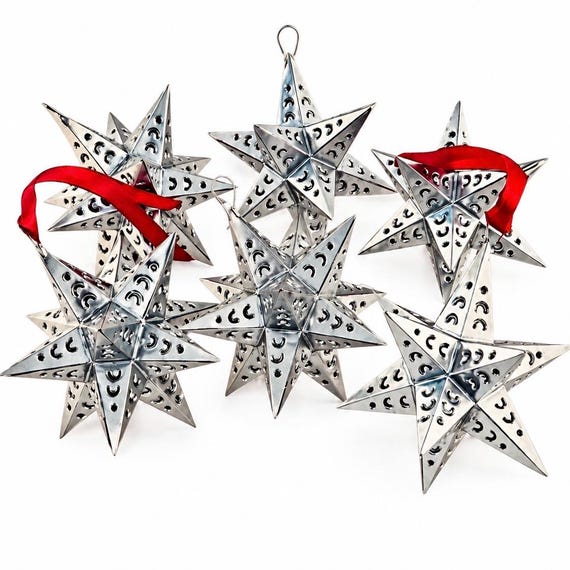 Moravian TIN STARS Set (6) Mexican Christmas Estrellas Ornaments, Silver 5”H