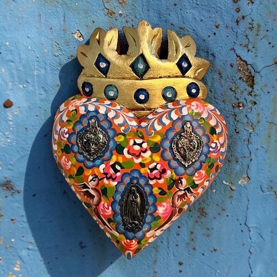 Virgin GUADALUPE & Doves Milagros Heart, ExVotos Corazon with CROWN 7 1/2"H