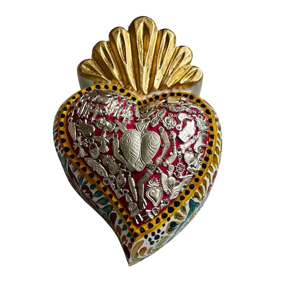 Milagros SACRED HEART, LARGE Heart with Charms, Mexican ExVotos Painted Corazon