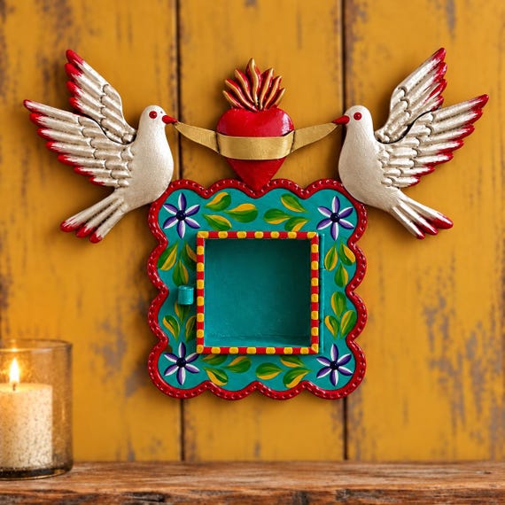Sacred Heart Nicho, Hand Painted Shadowbox Frame with Doves, Aqua/Green, Mexican Tin Love Birds Niche