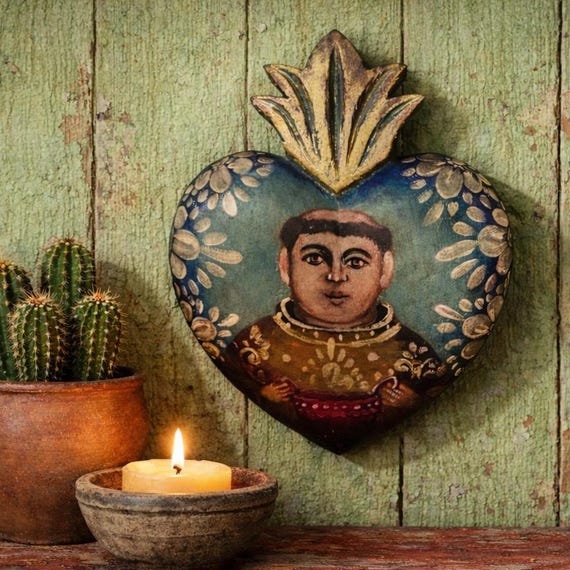 SAN PASQUAL Heart, Mexican Retablo Santo Corazon, Patron Saint of Cooks/Kitchens LARGE 12"