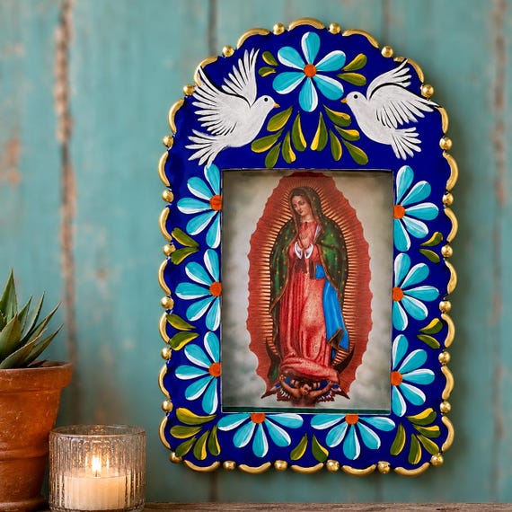 Nicho Virgin GUADALUPE and Doves, Hand Painted Mexican Tin Frame 9”