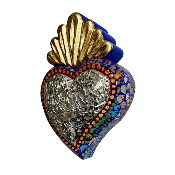 Milagros SACRED HEART, LARGE Heart with Charms, Mexican ExVotos Painted Corazon