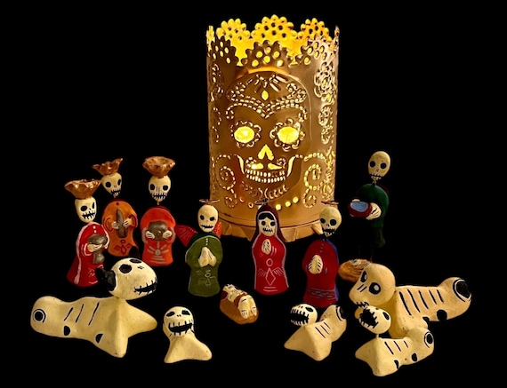 DAY of the DEAD SET - Nativity + Sugar Skull Tin Luminaria Candleholder