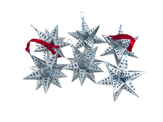 TIN STARS Set (6) Moravian Stars, Mexican Christmas Ornaments, Silver 5”H