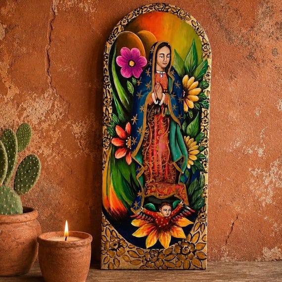 VIRGIN GUADALUPE Batea Doughbowl, LG 24” Hand Painted Mexican Retablo