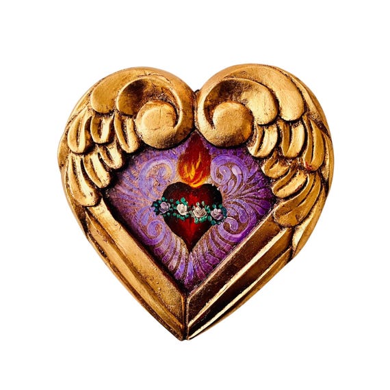 SACRED HEART with Angel Wings, Winged Mexican Corazon. Gold Leaf