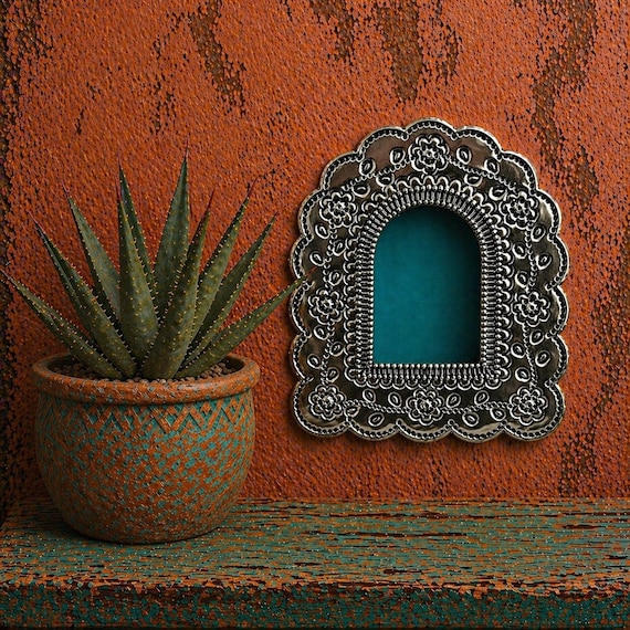 Mexican Tin NICHO, Arched Shadowbox Frame, Silver w Blue,  7 1/2"H