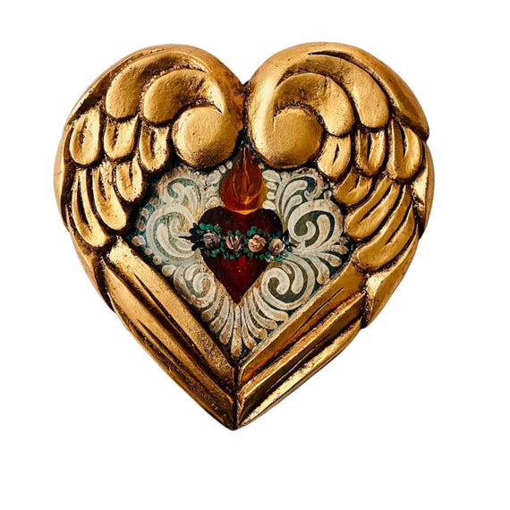 SACRED HEART with Angel Wings, Winged Mexican Corazon. Gold Leaf