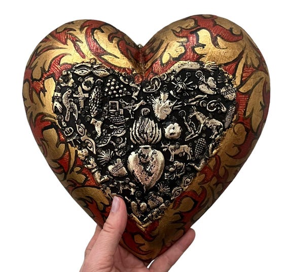 MILAGROS Heart, Mexican Corazon, Sacred Heart Wood ExVotos 9"