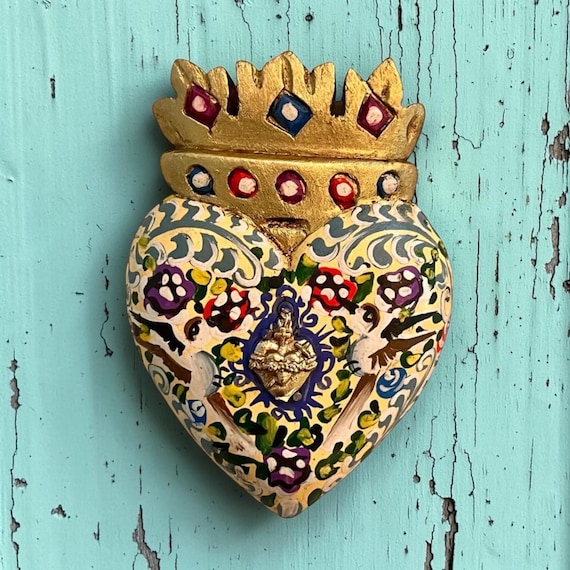 MILAGRO HEART with Crown, Mexican Corazon with Doves 5"H