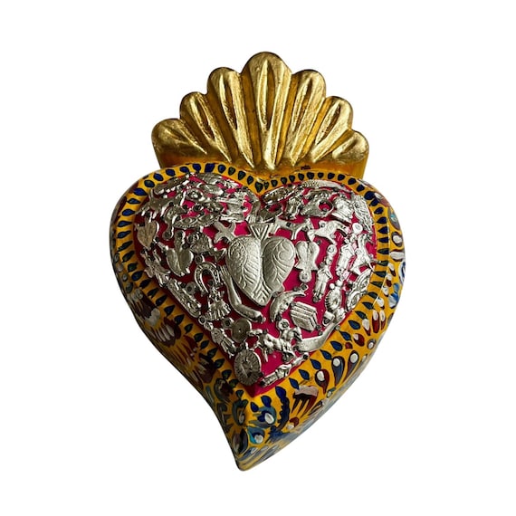 Milagros SACRED HEART, LARGE Heart with Charms, Mexican ExVotos Painted Corazon