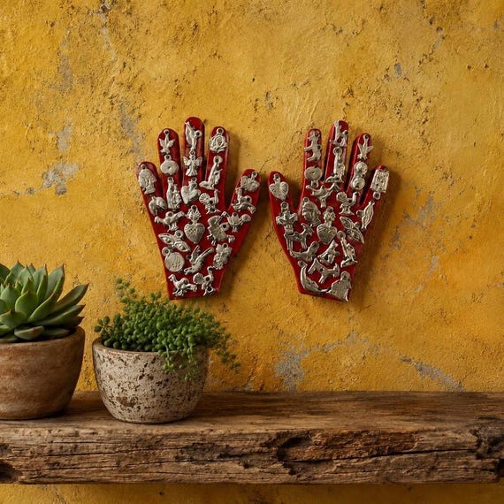 MILAGROS HANDS, Set (2) Small Hands With Charms, ExVotos Healing Hands 5"H