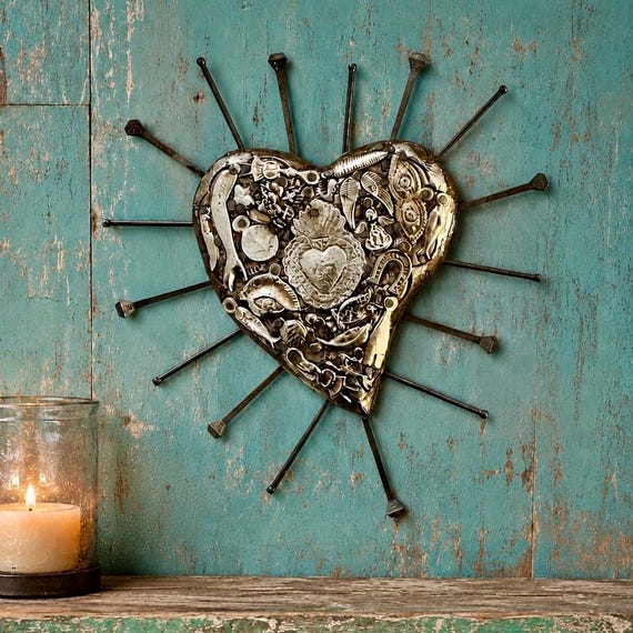 Milagros Sacred Heart, 8” Embossed Tin & Wood Mexican Corazón with Nails
