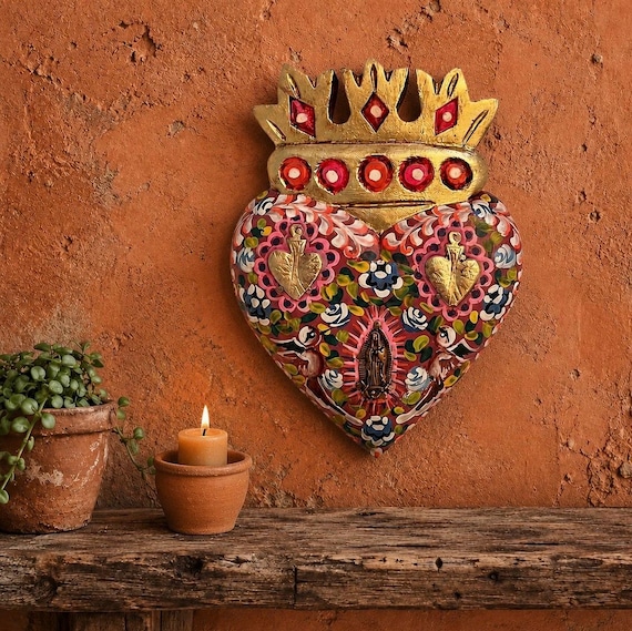 Virgin GUADALUPE & Doves Milagros Heart, ExVotos Corazon with CROWN 7 1/2"H