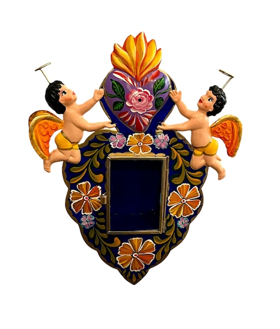 Tin HEART Nicho FRAME Sacred Heart & Angels , Punched Tin Heart, Mexican Corazon LARGE