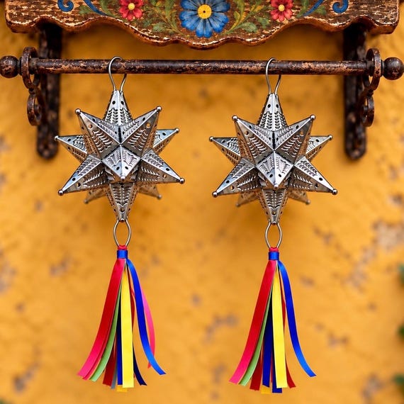 Mexican TIN STARS Set (2) Moravian Stars, LG Estrellas Ornaments 7”H, with/without Ribbons