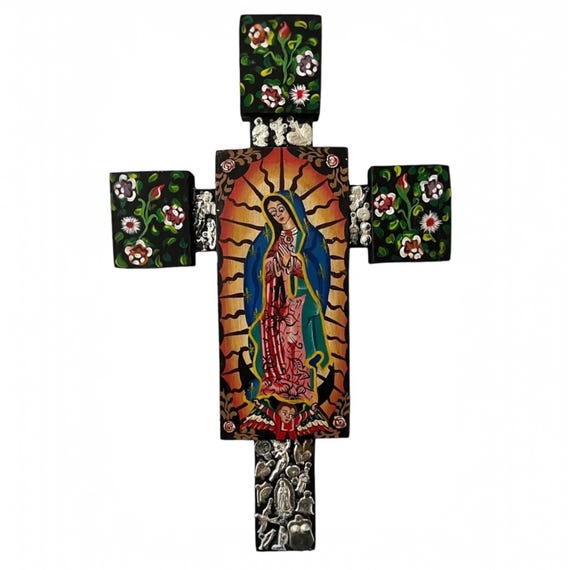 MILAGROS Cross with VIRGIN GUADALUPE, Mexican ExVotos Hand Painted Cross XLarge 18”