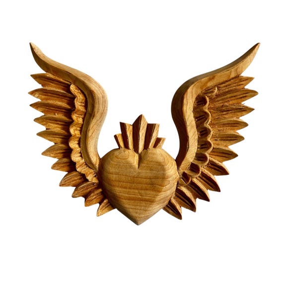 DIY Heart, Carved Wood SACRED HEART, Craft Heart, Mexican Winged Corazon, Blank Heart with Wings