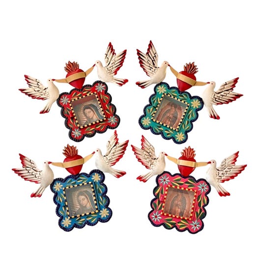 Mexican Tin Sacred Heart Nicho, Hand Painted Shadowbox Frame with Doves, VIRGIN GUADALUPE