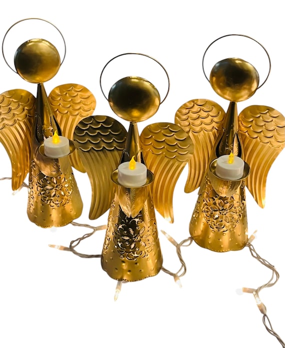 Christmas Tree TOPPER Angel, Mexican Punched Tin Angel LUMINARIA Large 13” Gold