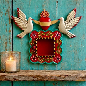 Mexican Tin Sacred Heart Nicho, Hand Painted Shadowbox Frame with Doves, Dark Pink