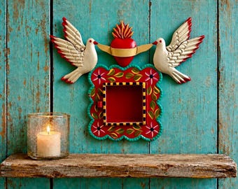 Mexican Tin Sacred Heart Nicho, Hand Painted Shadowbox Frame with Doves, Dark Pink