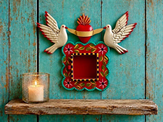 Mexican Tin Sacred Heart Nicho, Hand Painted Shadowbox Frame with Doves, Dark Pink