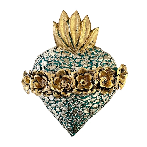 Milagros SACRED HEART,  ExVotos Wood Heart with Tin ROSES Mexican Corazon 12” Metallic Gold Leaf