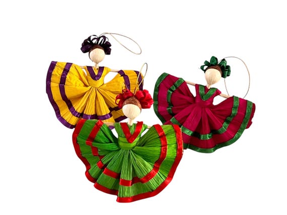 CORN HUSK Dancer Ornaments, SET (3) Mexican Christmas