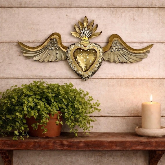 Mexican Tin SACRED HEART with Wings Luminaria, Winged Corazon 24"W