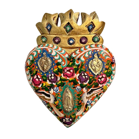 Milagros Heart Virgin GUADALUPE & Doves, ExVotos Corazon, SACRED Heart with CROWN