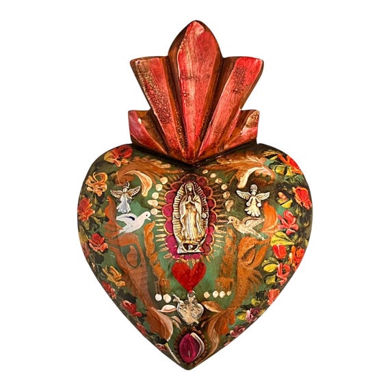 Virgin GUADALUPE Sacred HEART, Mexican Milagros Corazon 8 1/2"H