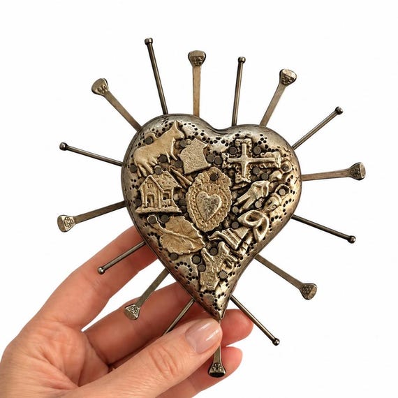 Milagros Heart with Nails 6" Embossed Tin Mexican Corazón Small