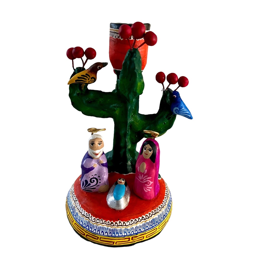 NATIVITY Candlestick, CACTUS Tree of Life Nativity, Mexican Pottery