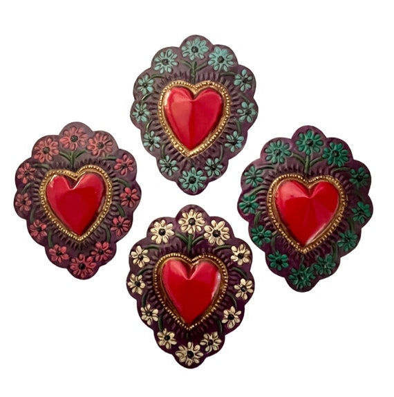 Mexican TIN HEART with Flowers, Painted Tin Corazon