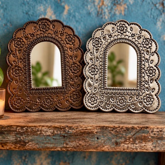 Mexican TIN Arched MIRROR, Dark Oxidized or Silver