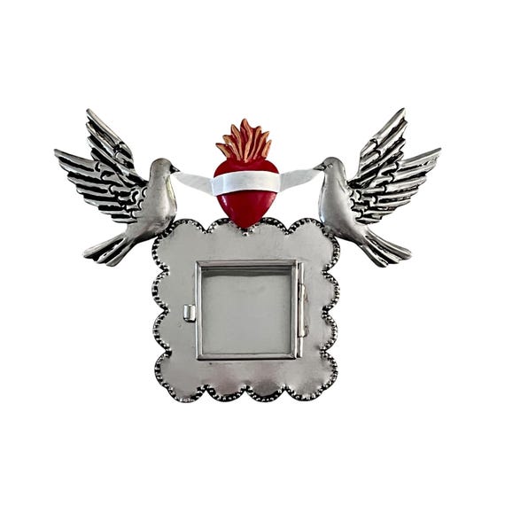 SACRED HEART Frame with Doves, Mexican Tin Heart Nicho, Shadowbox Niche, Silver