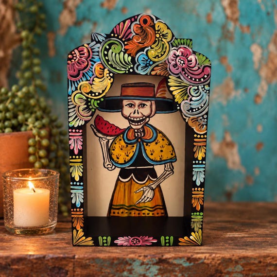 Day of the Dead Nicho, Hand Painted Shadowbox Frame LG 14”H, CATRIN or CATRINA