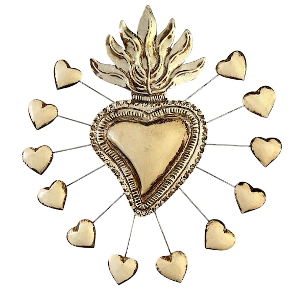 Tin HEART with Hearts, Mexican SACRED Heart, Corazon, White with Gold or Silver