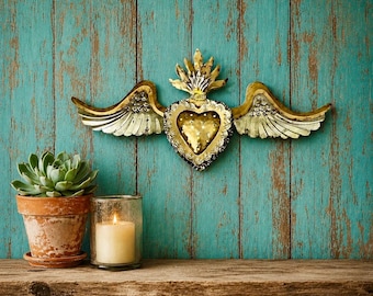 Mexican Tin SACRED HEART with Wings Luminaria, Winged Corazon 24"W