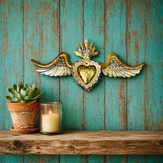 Mexican Tin SACRED HEART with Wings Luminaria, Winged Corazon 24"W