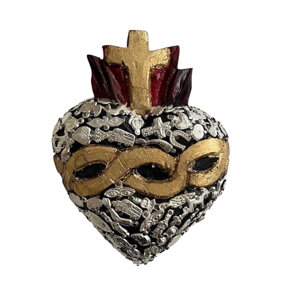 Mexican MILAGROS HEART with Cross & Thorns, Sacred Heart with Charms, ExVotos Corazon