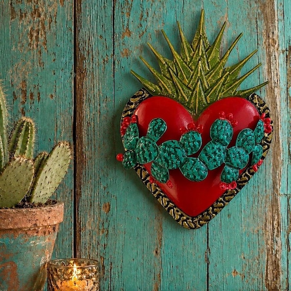 CACTUS HEART, Mexican Tin Sacred Heart with Flames, Red