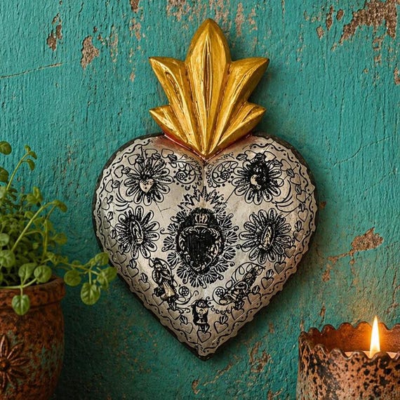 MILAGROS SACRED HEART, Embossed Tin and Wood, Mexican ExVotos Corazon 12"H