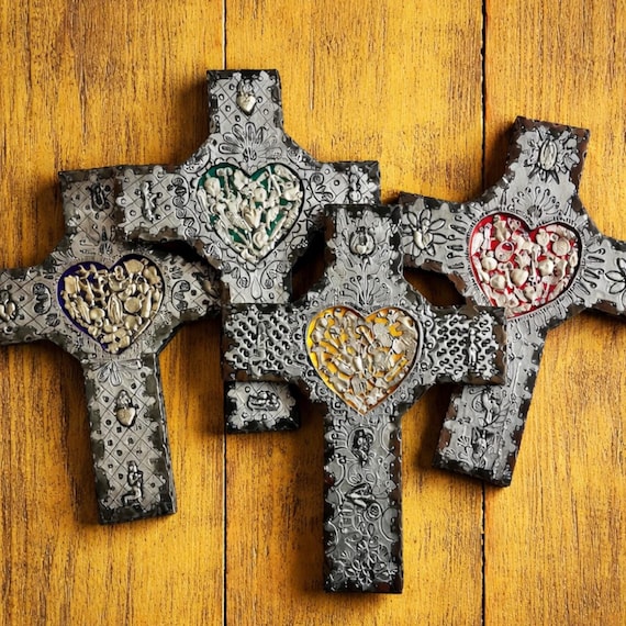 Mexican MILAGROS CROSS, Embossed Tin & Wood Heart, LARGE 12"